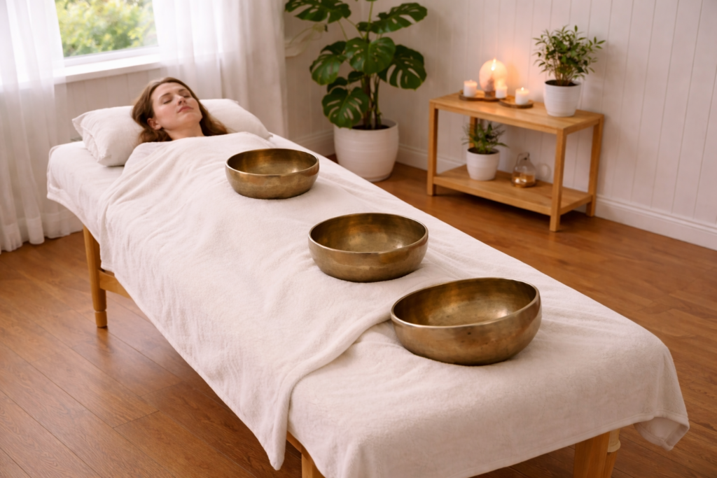 Massage sonore aux bols tibétains. Générée par IA.